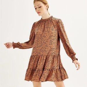 Nine West Brown Printed Mini Dress with Ruffle Hem